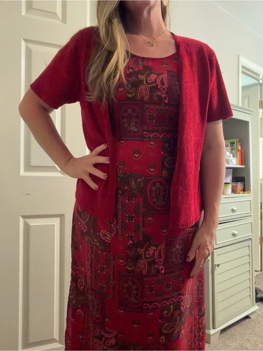 Dress Barn Red Printed Dress with Matching Cardigan